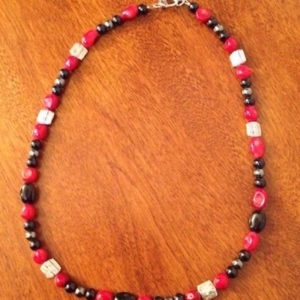 Coral, Jet & Hematite Unisex Necklace